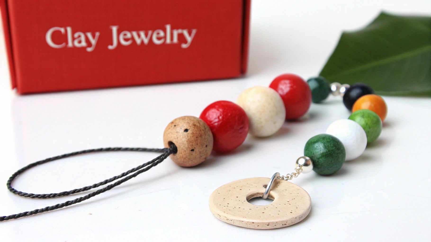 A handmade clay jewelry necklace with colorful spherical beads and a circular pendant next to a red box.