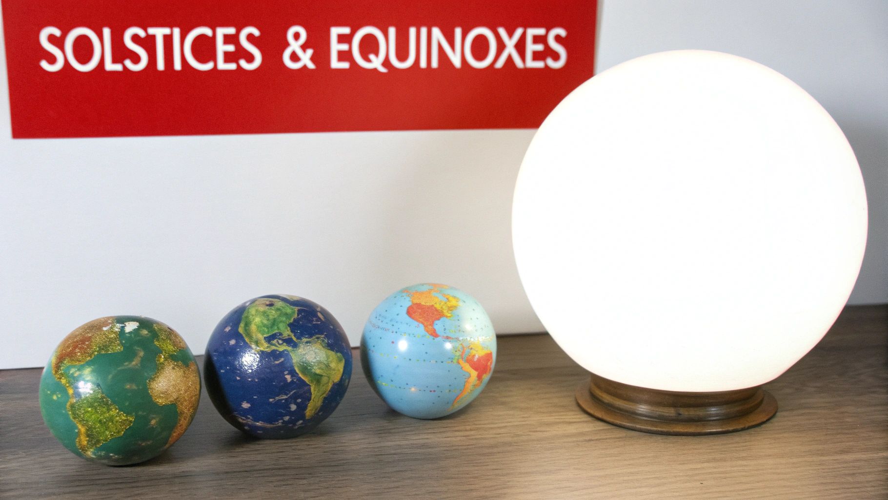 A scientific model demonstrating the sun (glowing orb) and three Earth globes, illustrating solstices and equinoxes.