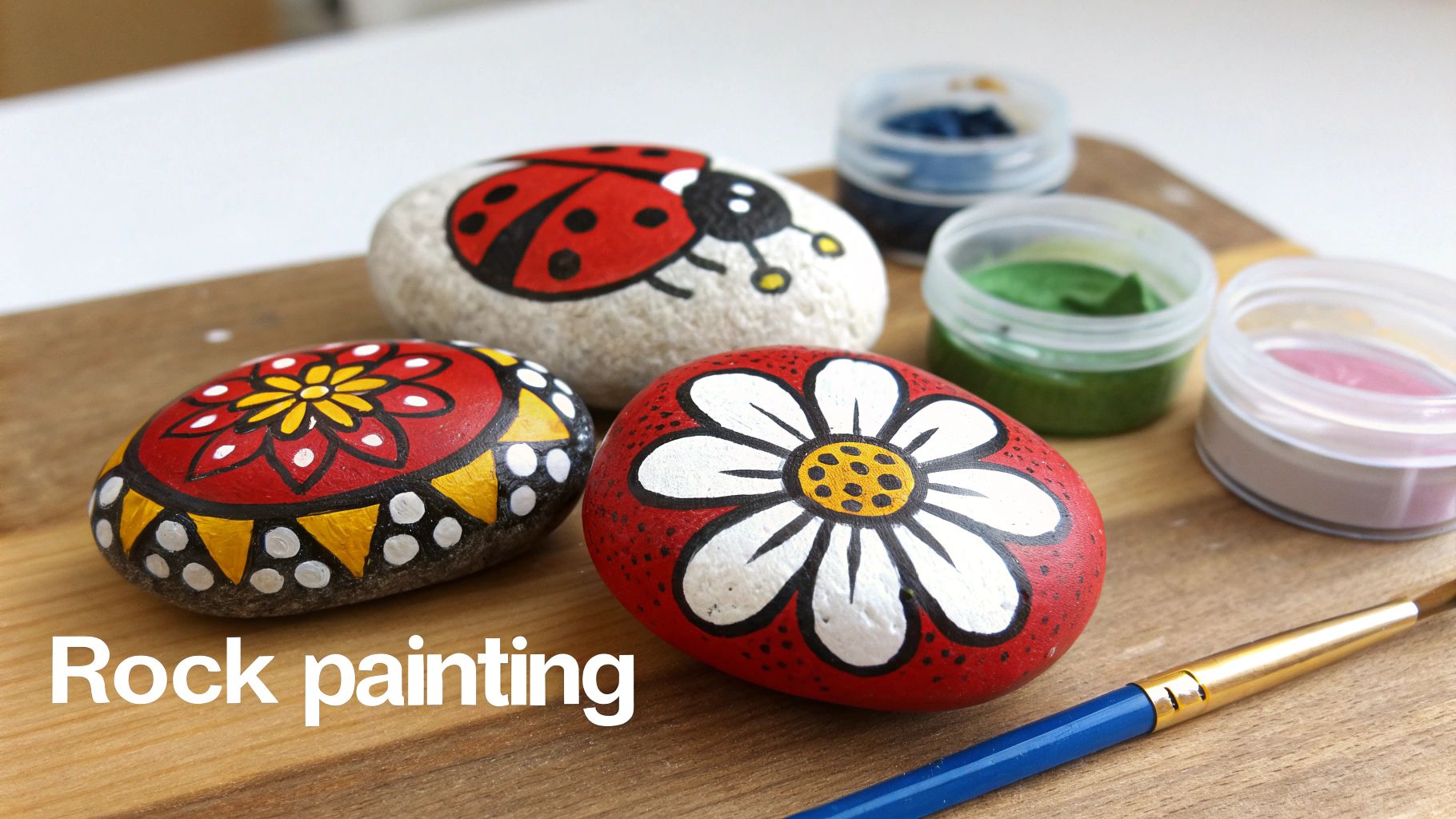 A collection of colorful painted rocks with designs like a ladybug, flower, and mandala, alongside paints and a brush.