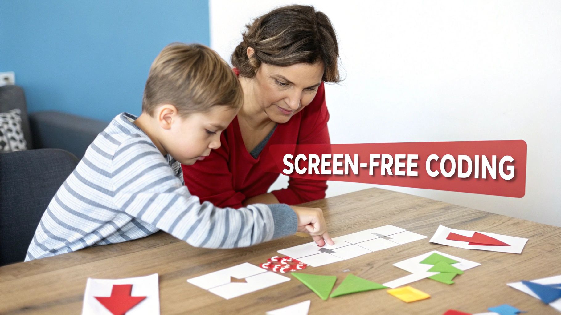 An adult and child learning screen-free coding with colorful shapes on a wooden table.