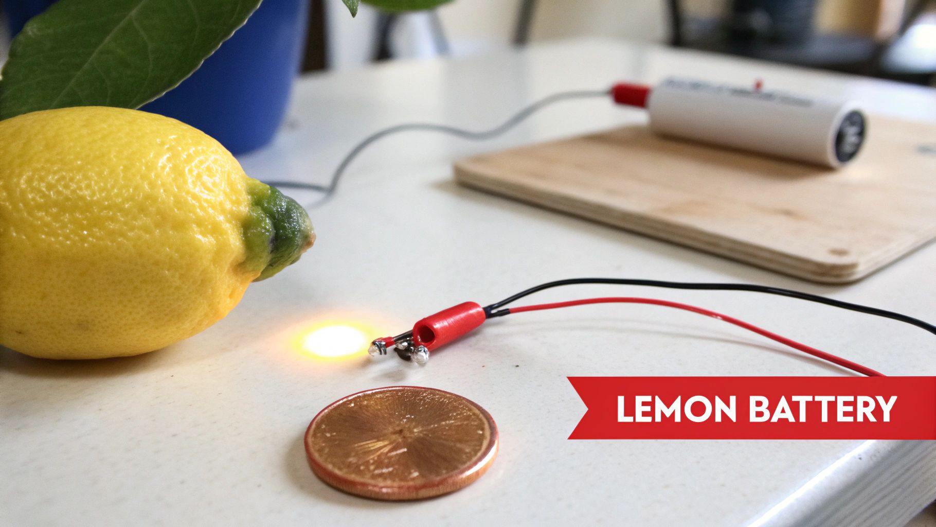 A close-up of a lemon battery experiment with a glowing LED, wires, and a copper coin.