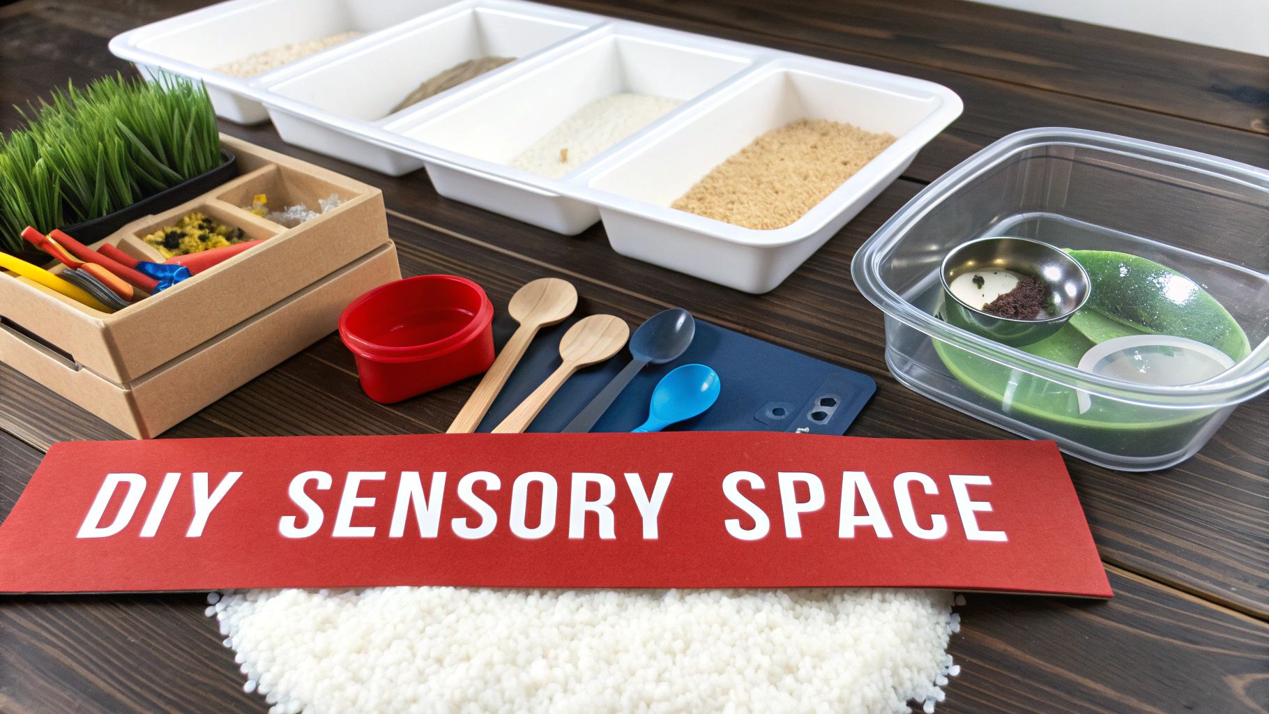 A collection of sensory play items, including various natural materials, tools, and a sign for a DIY sensory space.