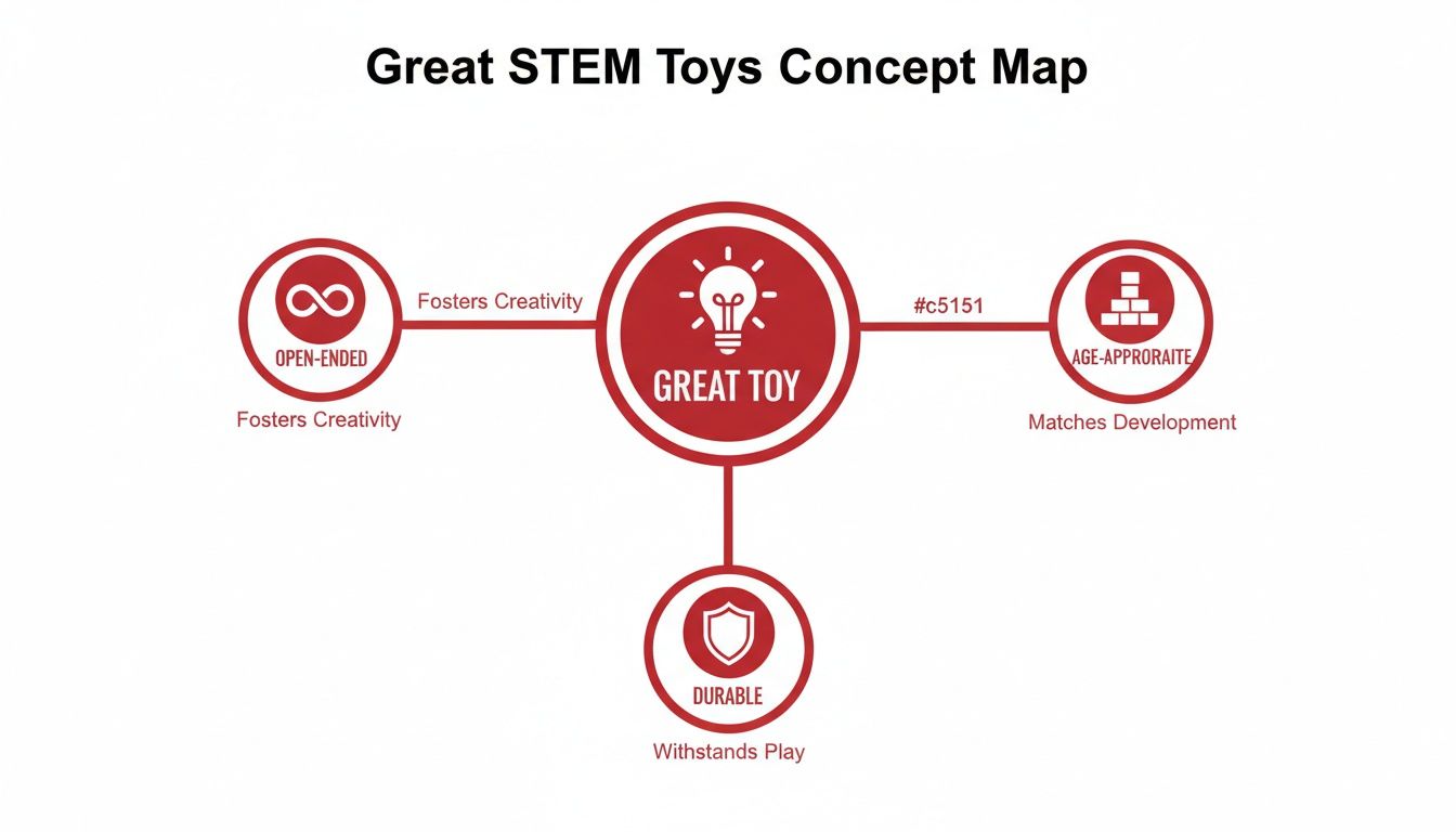 A concept map illustrating the key characteristics of great STEM toys: open-ended, age-appropriate, and durable.