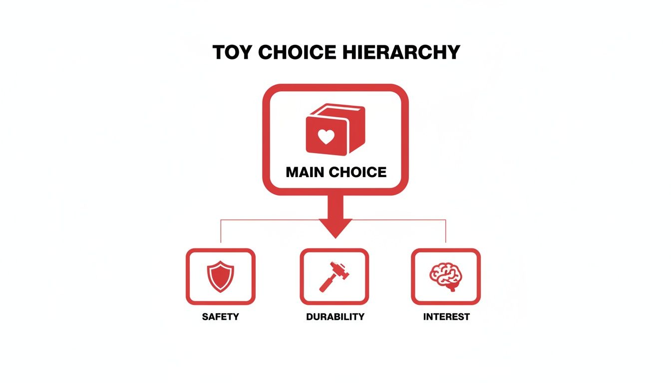 A hierarchy diagram illustrating toy choice, with main choice leading to safety, durability, and interest.