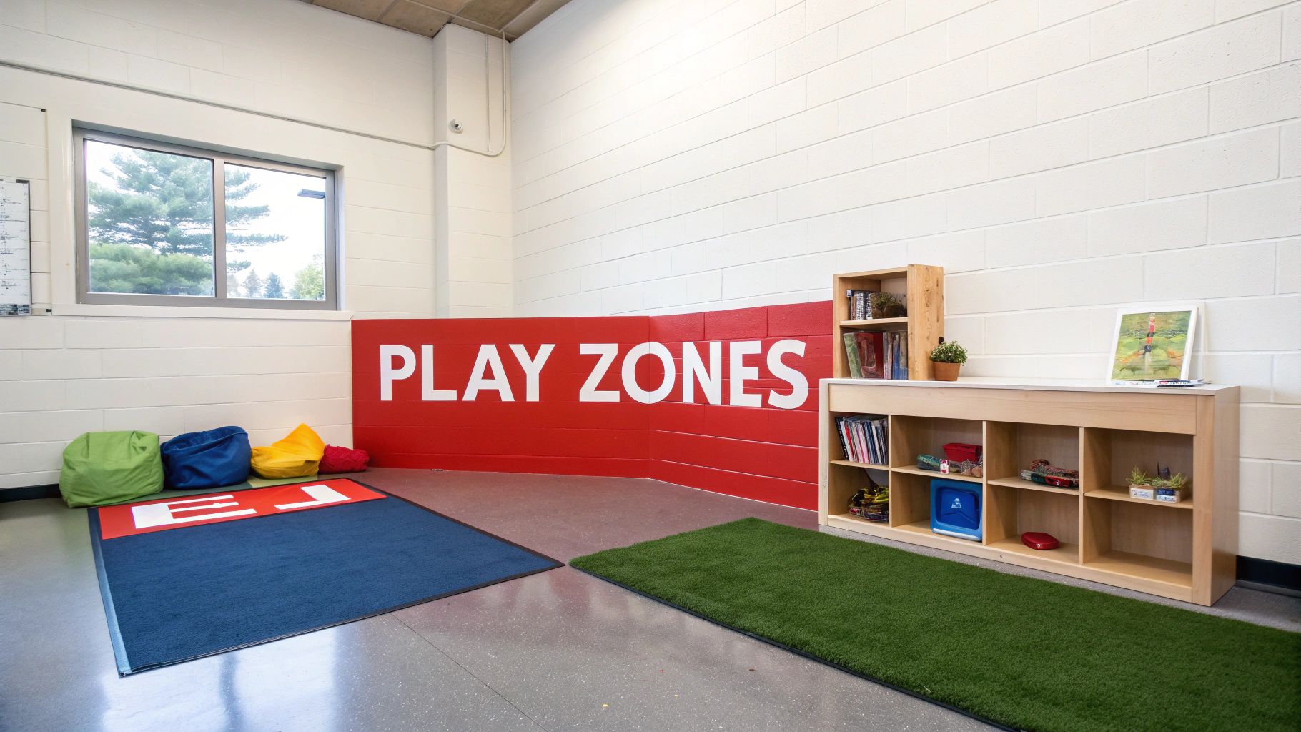 A vibrant play zone with colorful beanbags, rugs, and a wooden shelf filled with books and toys.