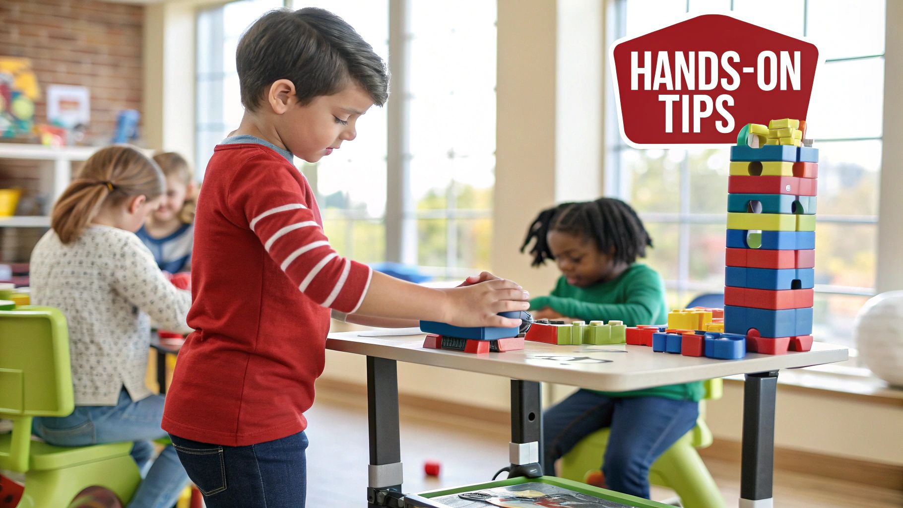 A teacher helps a young student build a model with colorful blocks on a classroom table.