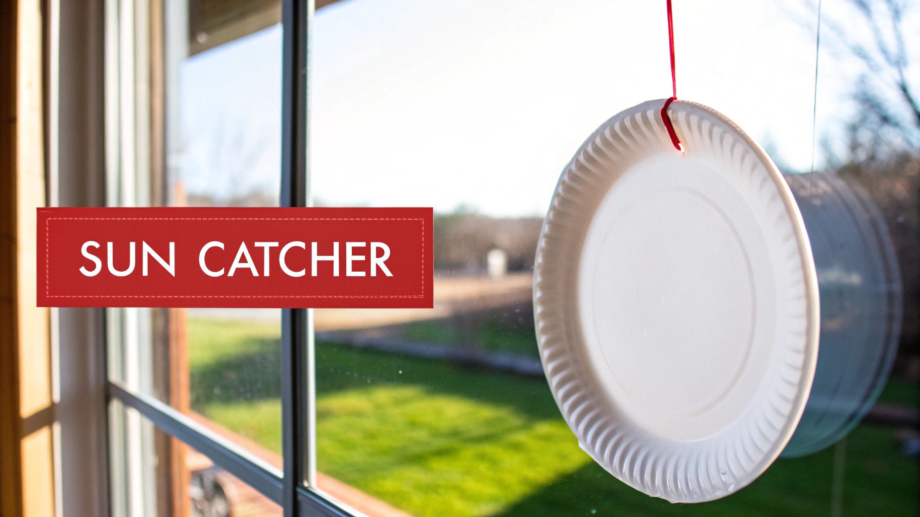 A DIY white paper plate sun catcher with a red ribbon hanging in a sunny window with a green lawn outside.