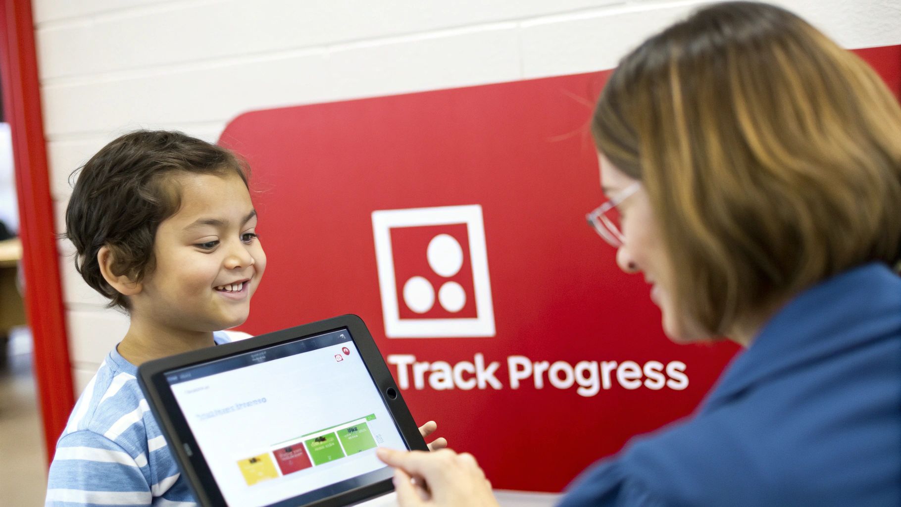 A happy child and adult track learning progress on a tablet in front of a red sign.