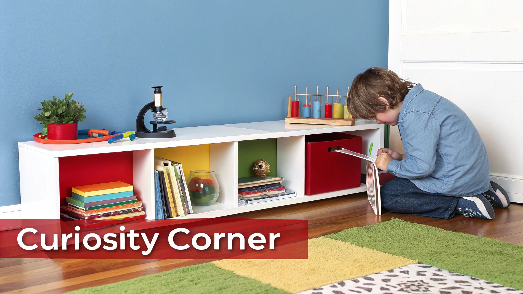 A child's cozy reading nook with bookshelves, pillows, and good lighting, designed to be inviting.