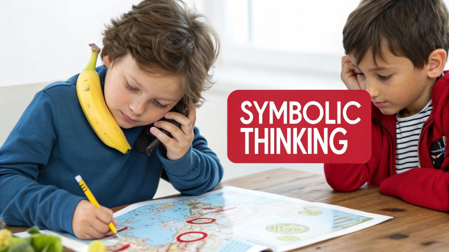 Two young boys, one using a banana as a phone and drawing on a map, showcasing symbolic thinking.