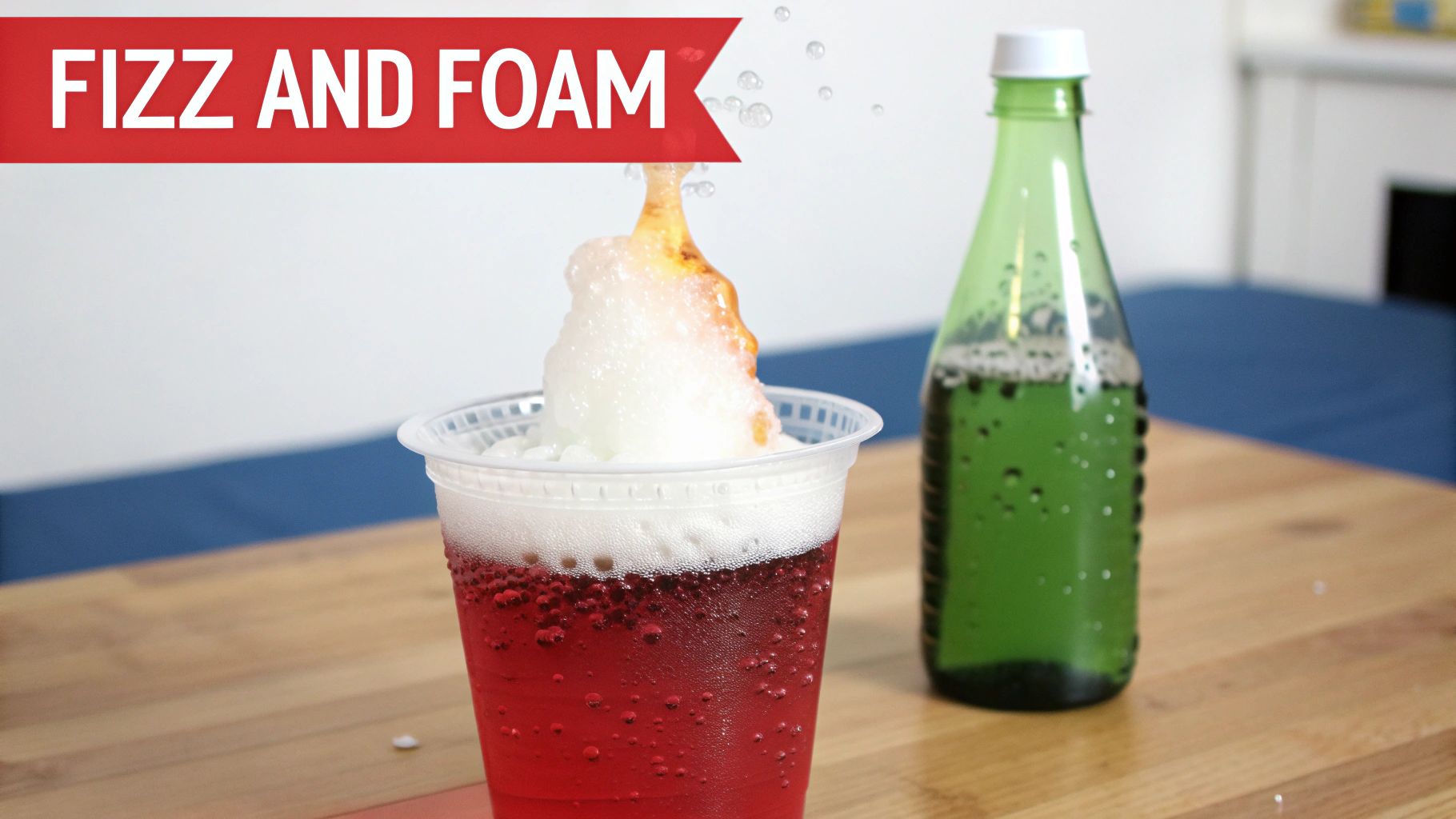 A baking soda and vinegar volcano erupting with red foam, surrounded by small toy dinosaurs.