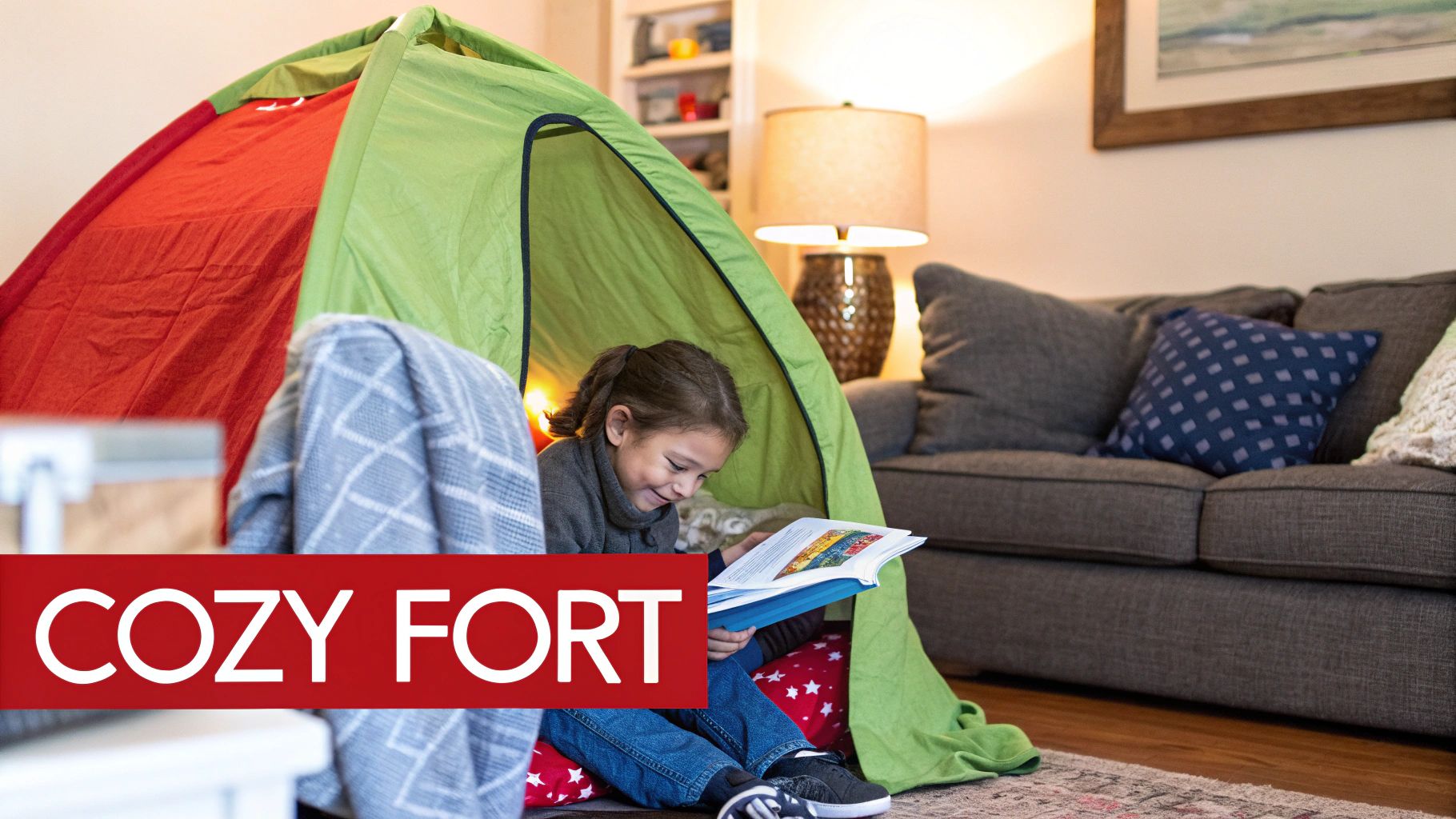 A smiling young girl reads a book inside a cozy green and red tent in a living room.