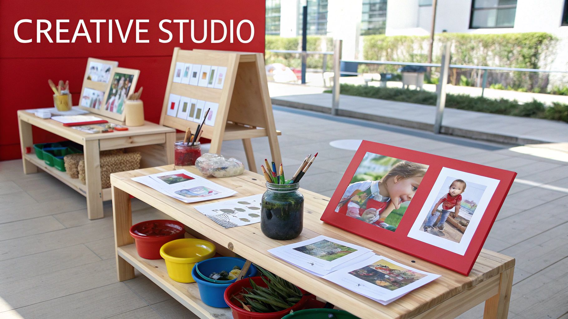 A vibrant outdoor 'Creative Studio' with wooden art tables, various supplies, and children's artwork.