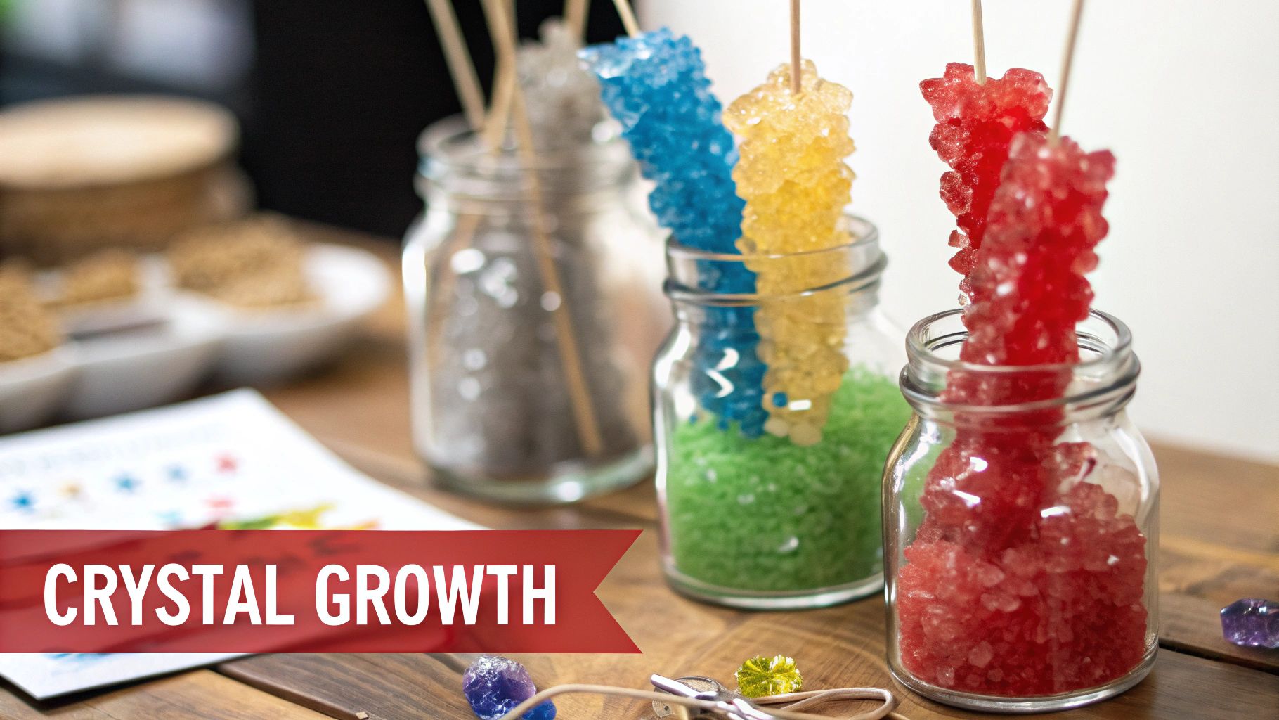 Three jars of colorful rock candy on sticks, illustrating a crystal growth science project.