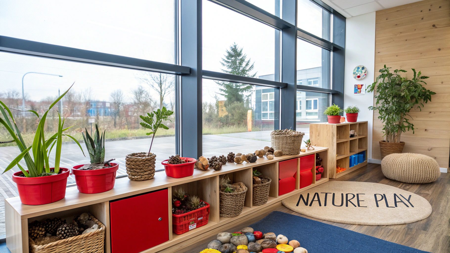 A bright, modern nature-themed daycare room with large windows, plants, and a 'NATURE PLAY' rug.