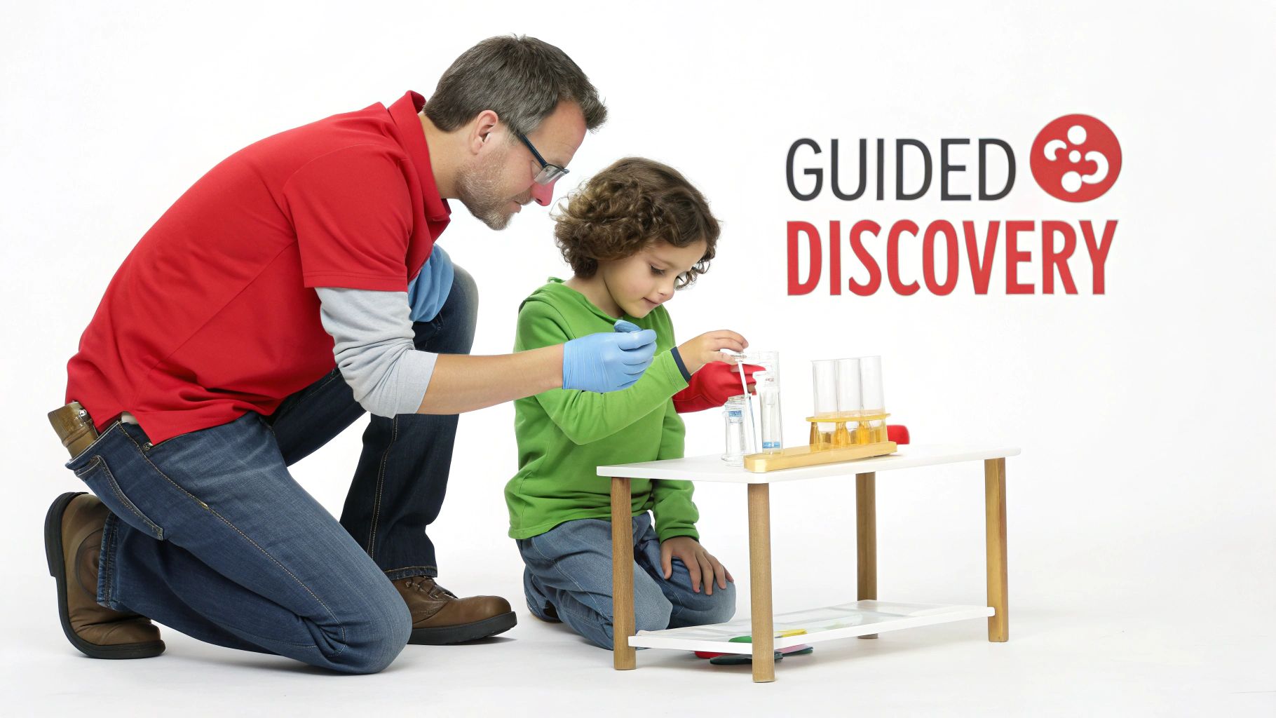 An adult and a child doing a chemistry experiment together with safety gloves.