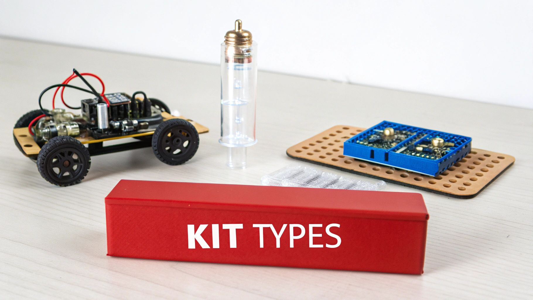 A young boy carefully building a small, colorful robot on a table.