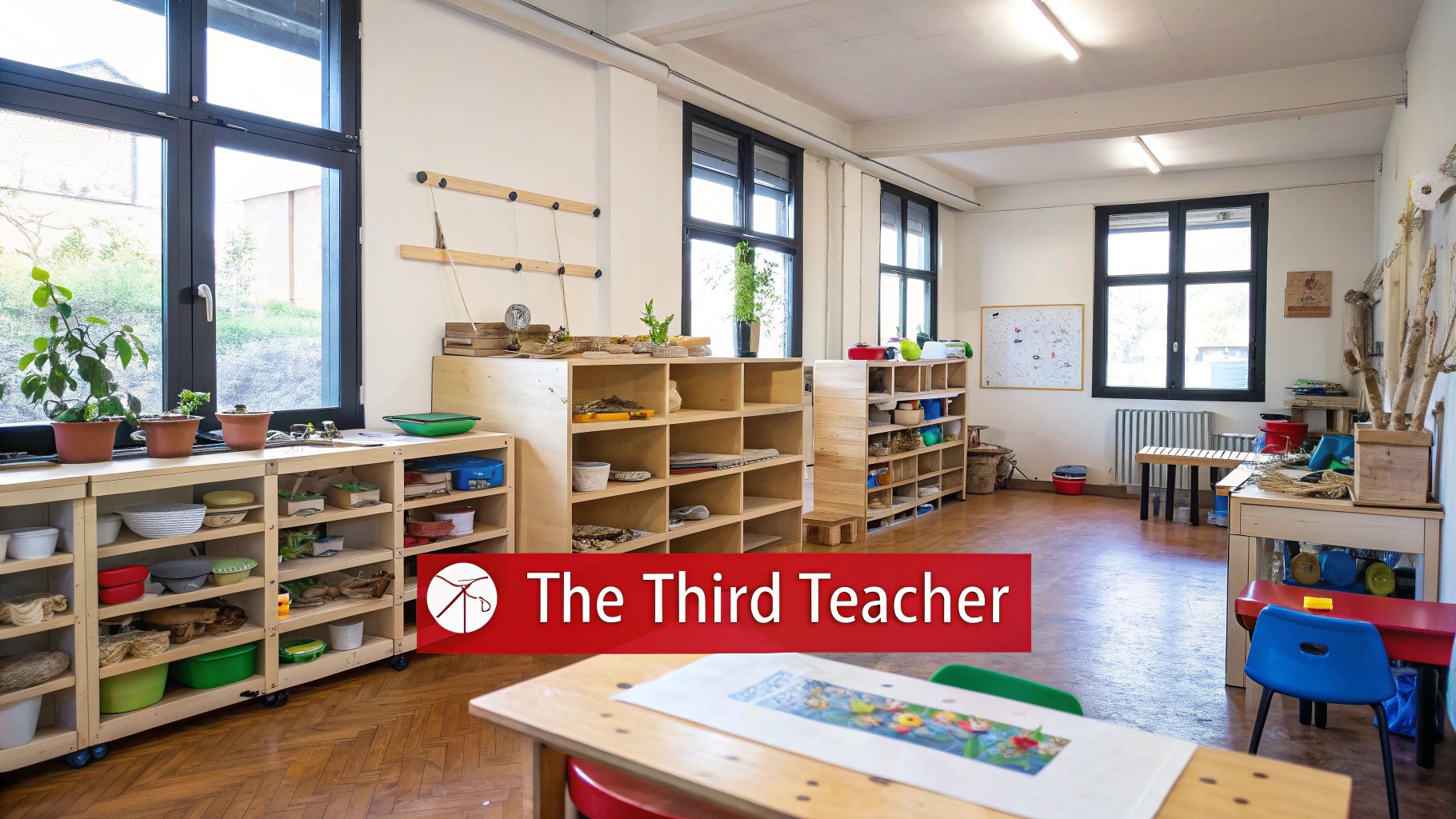 A Reggio Emilia inspired classroom with natural light and materials.