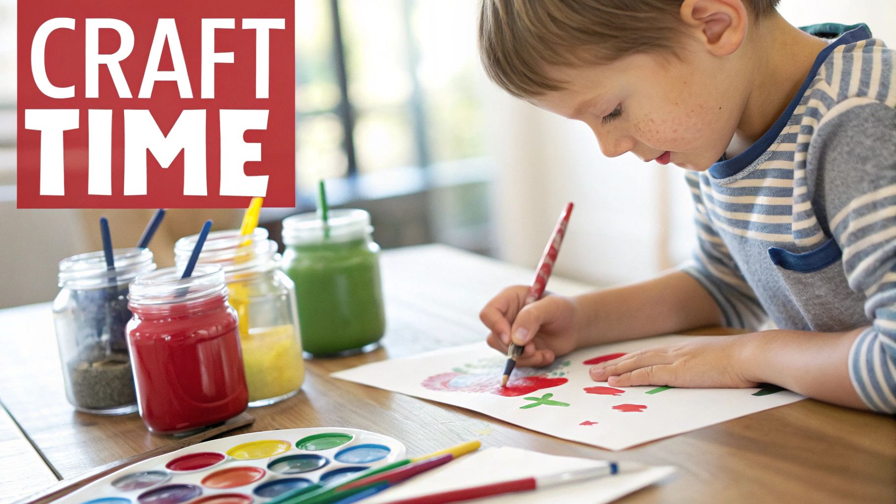 A young boy enjoys craft time, painting with watercolors at a wooden table.