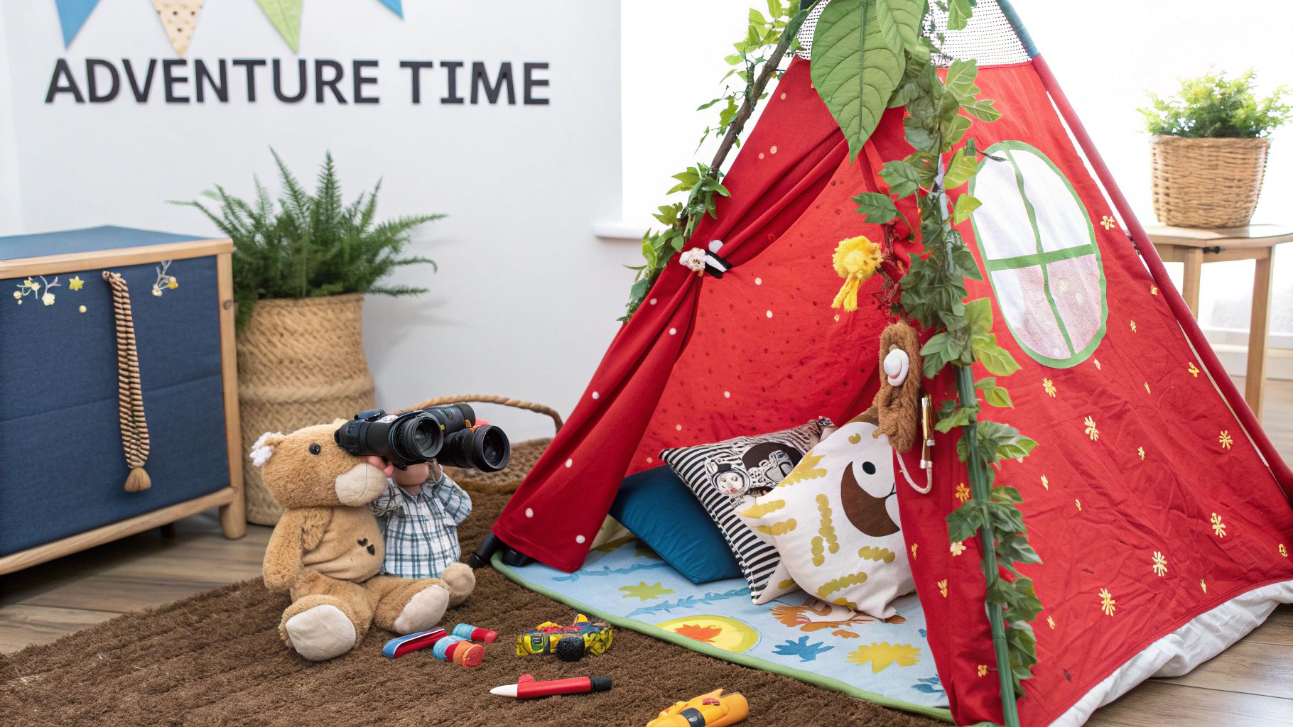 A child sits inside a beautifully decorated indoor play tent, reading a book under the glow of fairy lights.