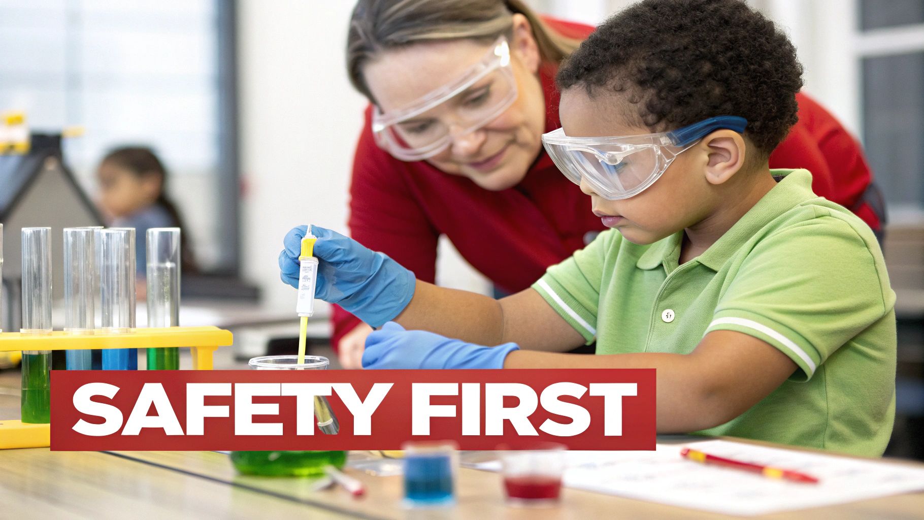 A parent and a child wearing safety goggles while working on a science kit together.