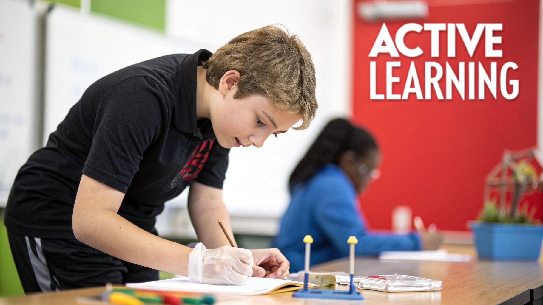 A child engaged in a hands-on learning activity, solving a problem with a kit.