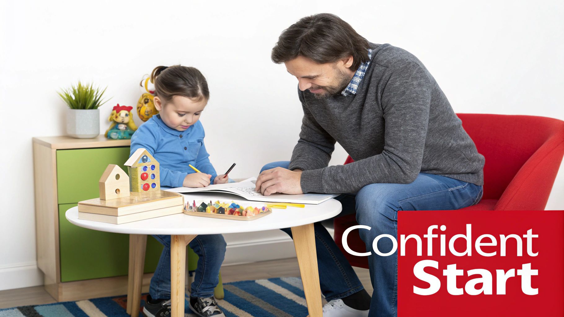 A young child sitting at a wooden table, smiling and engaged with colorful educational blocks and toys.