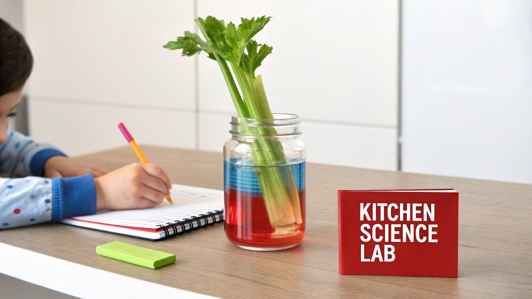 A child writes observations in a notebook while conducting a celery experiment in colored water, next to a science book.
