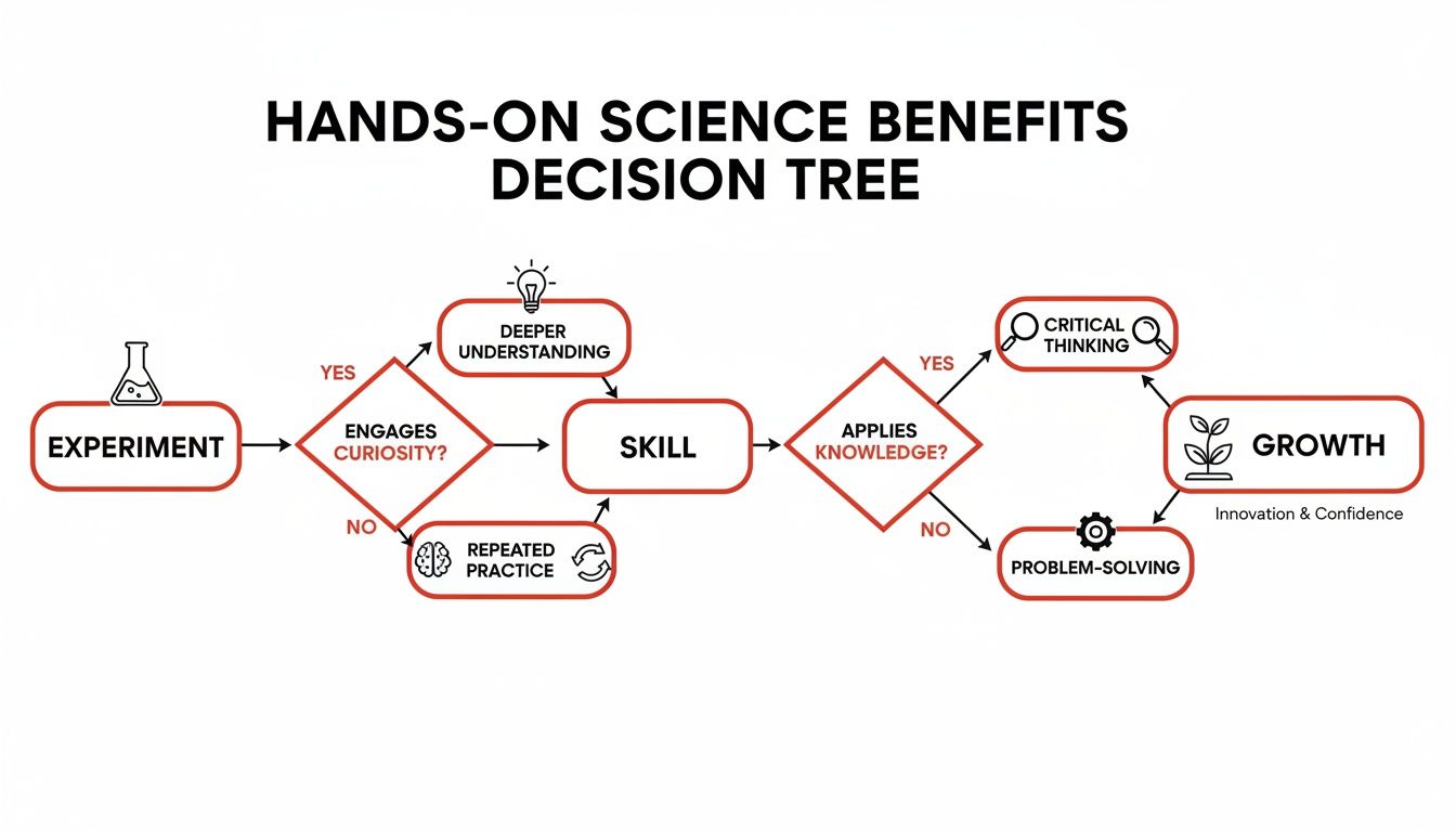 Decision tree showing hands-on science benefits, from experiments to growth, critical thinking, and problem-solving.