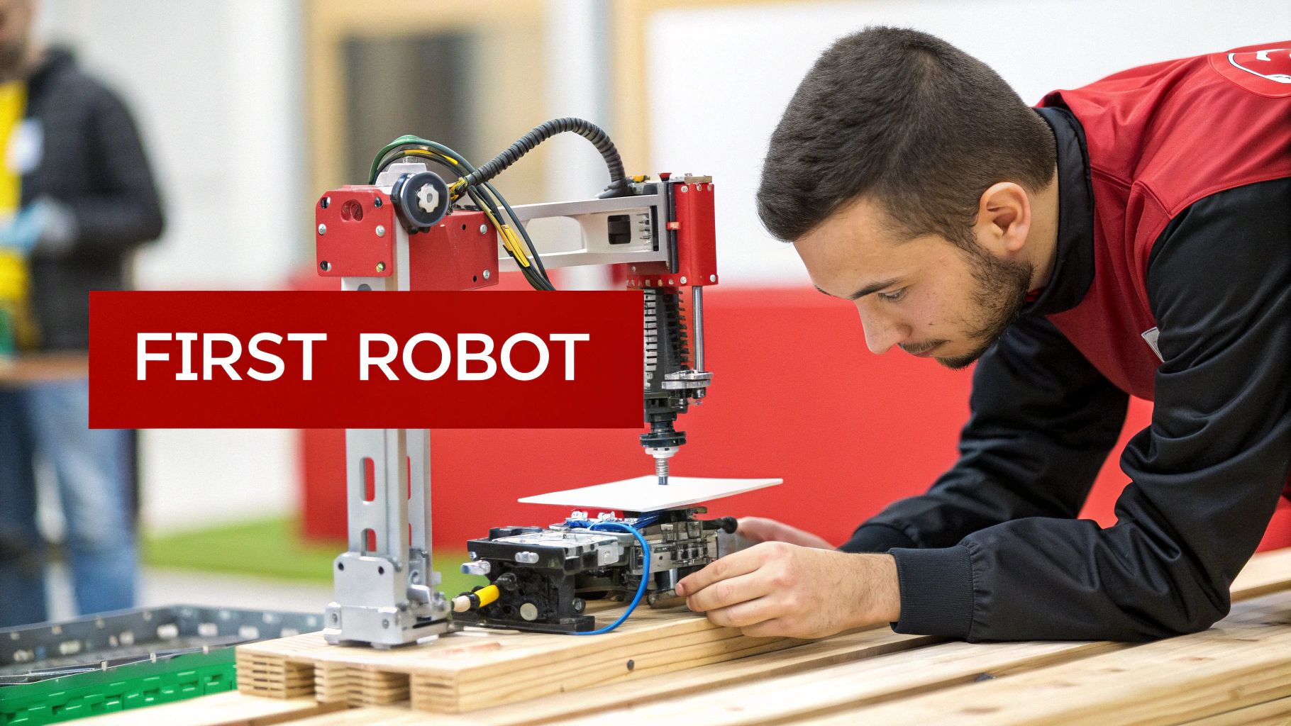 A person carefully assembling a robotic arm with various small parts and tools laid out on a table.