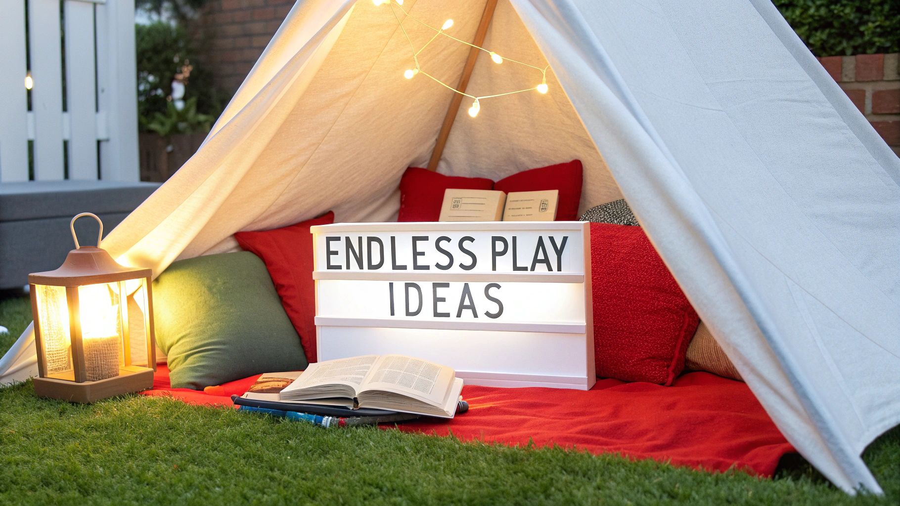 A cozy outdoor play tent with a bright lantern, soft pillows, books, and an 'ENDLESS PLAY IDEAS' sign.
