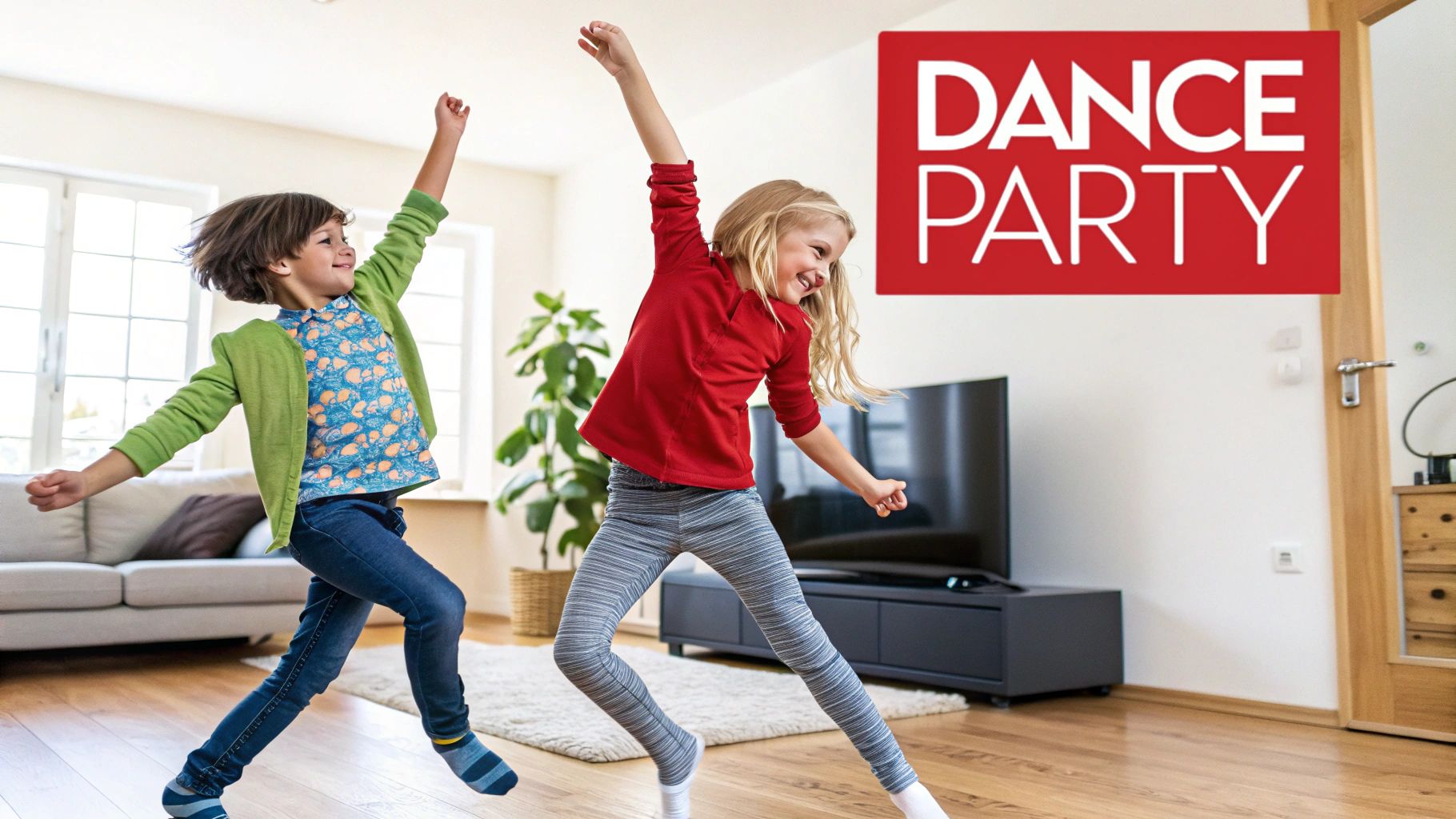 Happy kids dancing energetically at a home dance party with arms in the air.