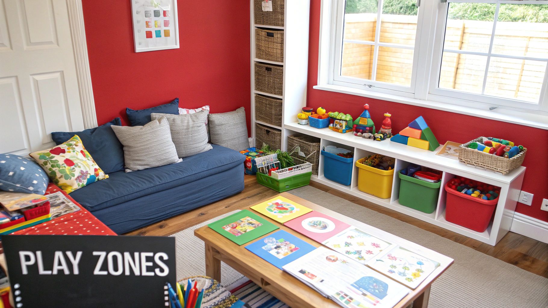 A child’s playroom with defined zones including a reading nook, an art table, and open floor space with a rug.