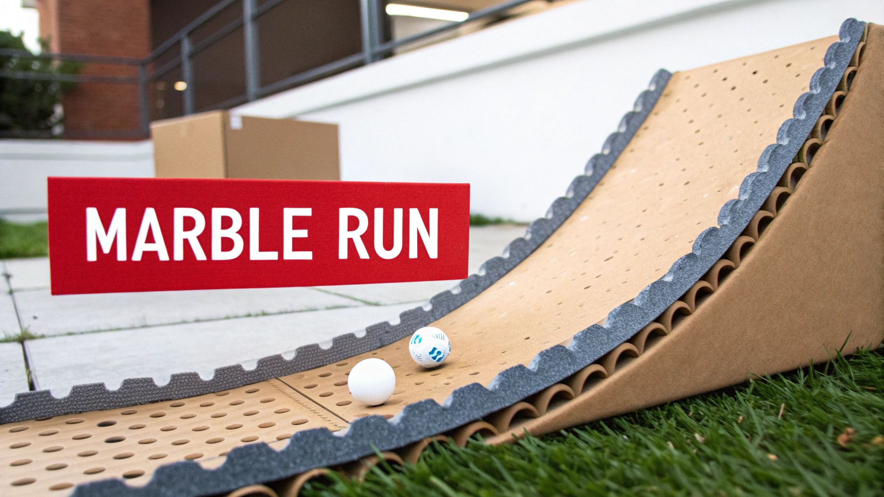 Cardboard marble run with corrugated track and two marbles on artificial grass outdoors