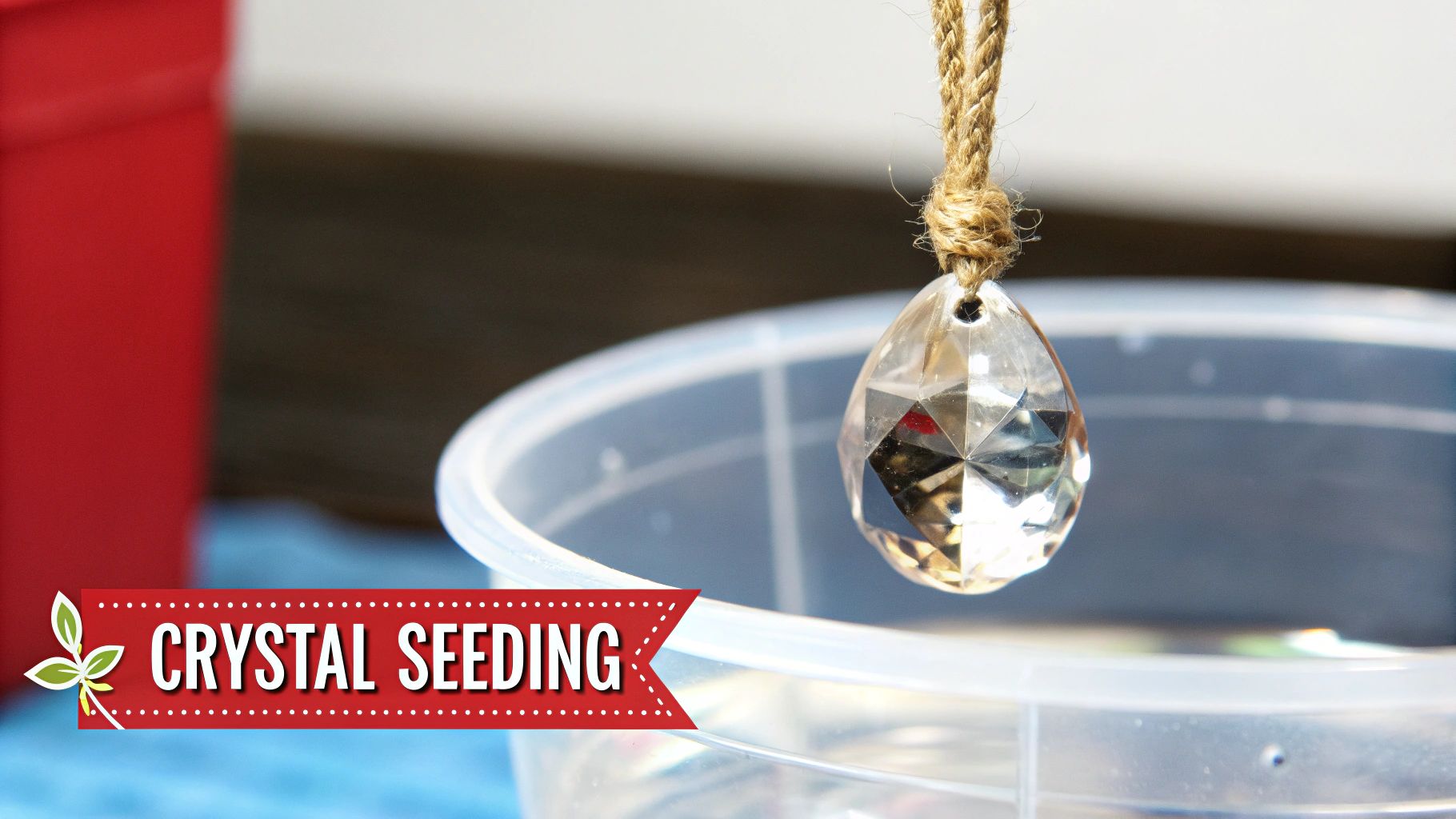 A hand gently lowering a seed rock into a crystal growing solution