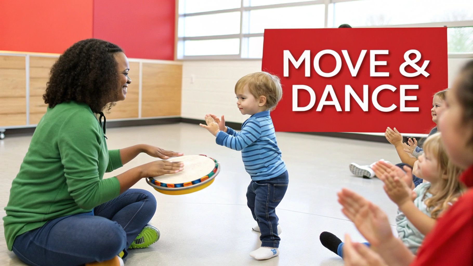 A teacher plays a drum for toddlers clapping during a "Move & Dance" music class.