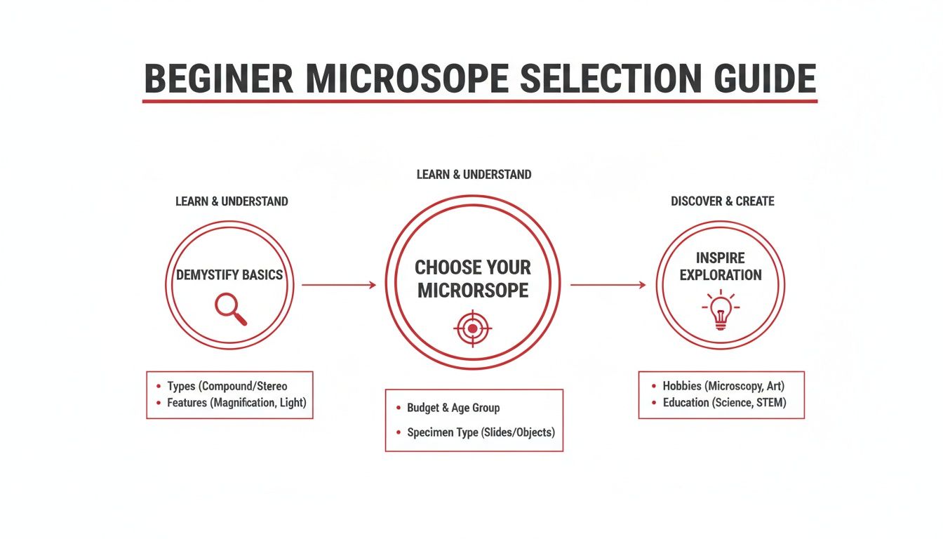 A flowchart guiding beginners through selecting a microscope, covering basics, selection criteria, and applications.