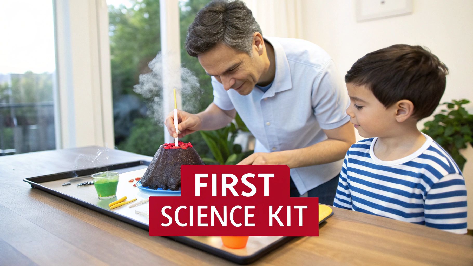 Father and son engage in a fun science experiment, making a volcano erupt with a first science kit.