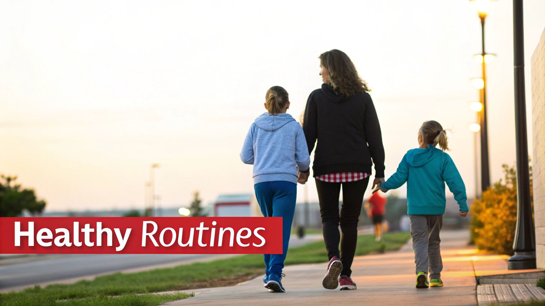 A mother and two children walk on a sidewalk at sunset, promoting healthy routines.