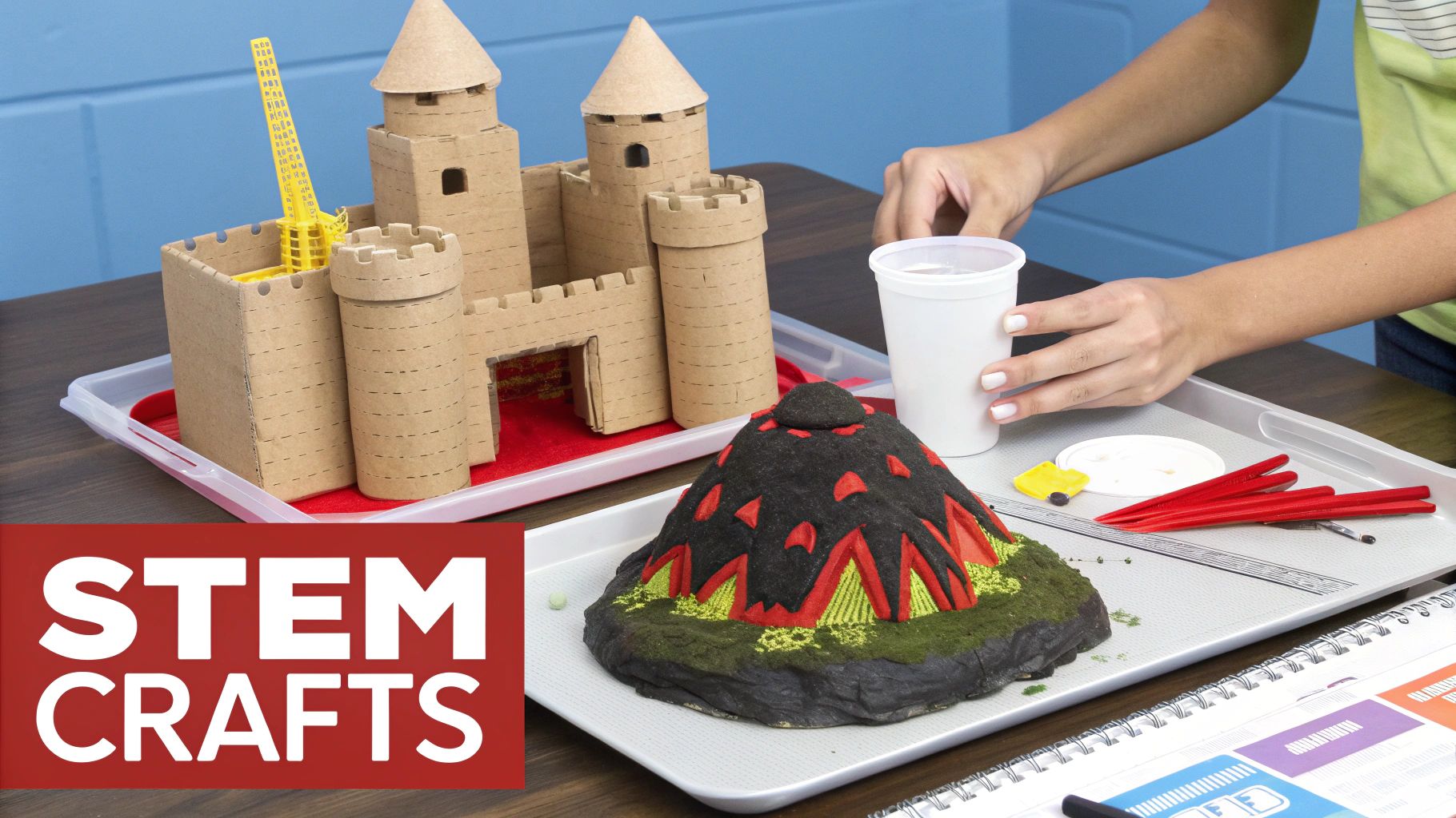 Hands working on a table with two STEM craft projects: a cardboard castle and a volcano.