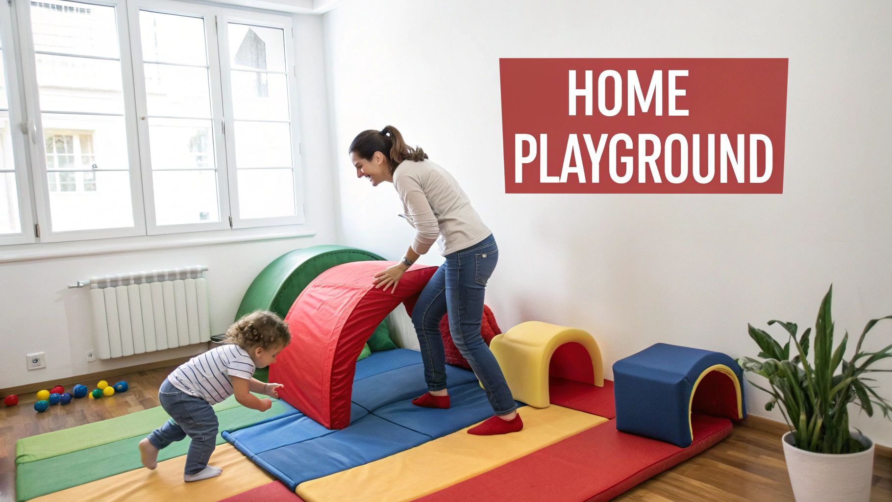 A happy mother and toddler enjoy an indoor soft play area with tunnels and mats.