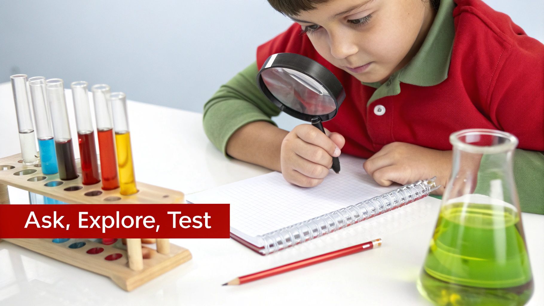 A young boy uses a magnifying glass to examine a notebook, with colorful test tubes and a flask.
