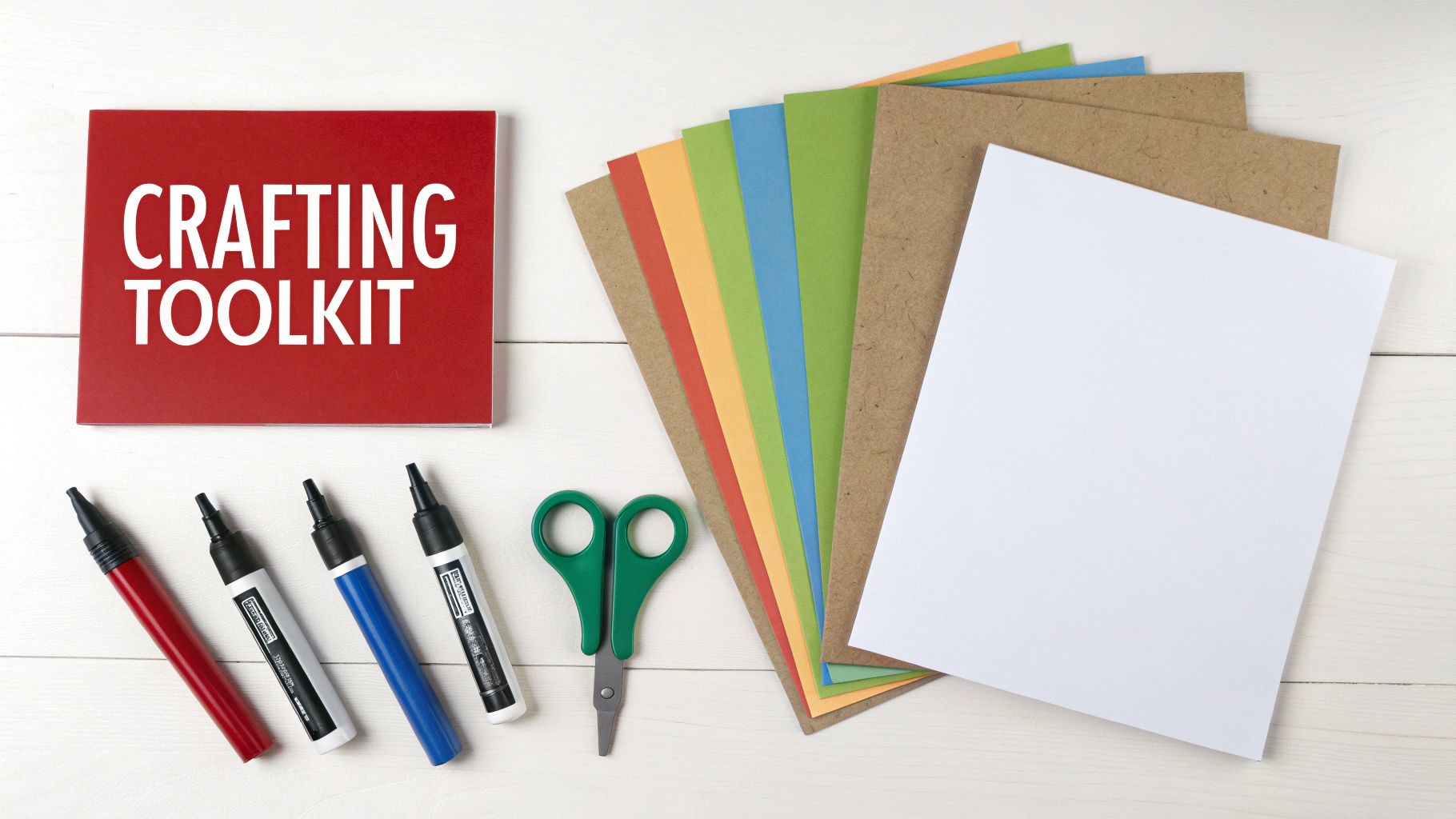 Flat lay of crafting supplies including markers, scissors, and colorful paper next to a 'CRAFTING TOOLKIT' folder.