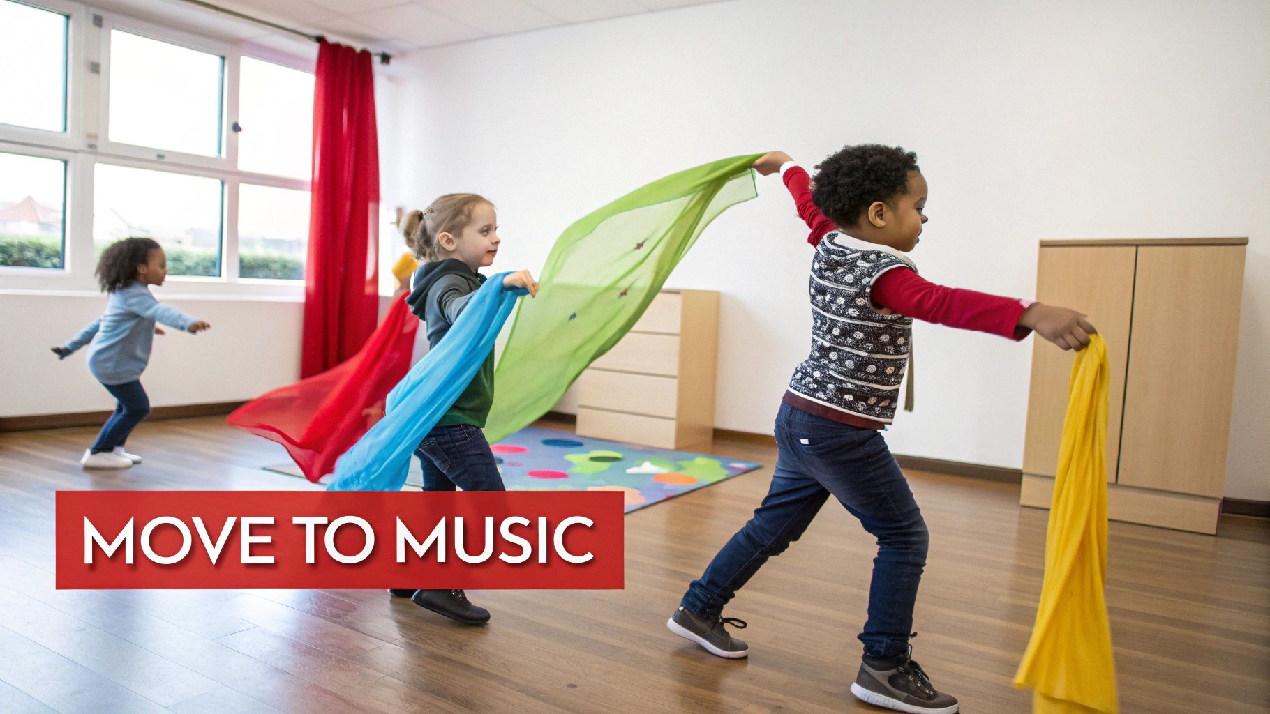 Three diverse preschoolers joyfully move to music, waving colorful scarves in a bright room.