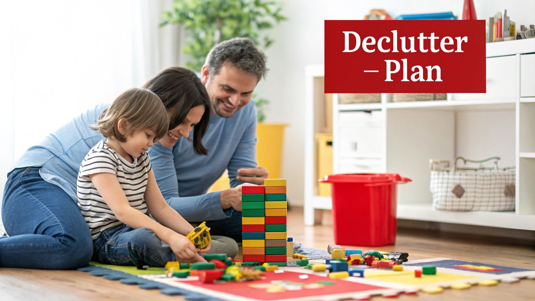 A bright, modern playroom with organized toys in white cube shelves and colorful bins.