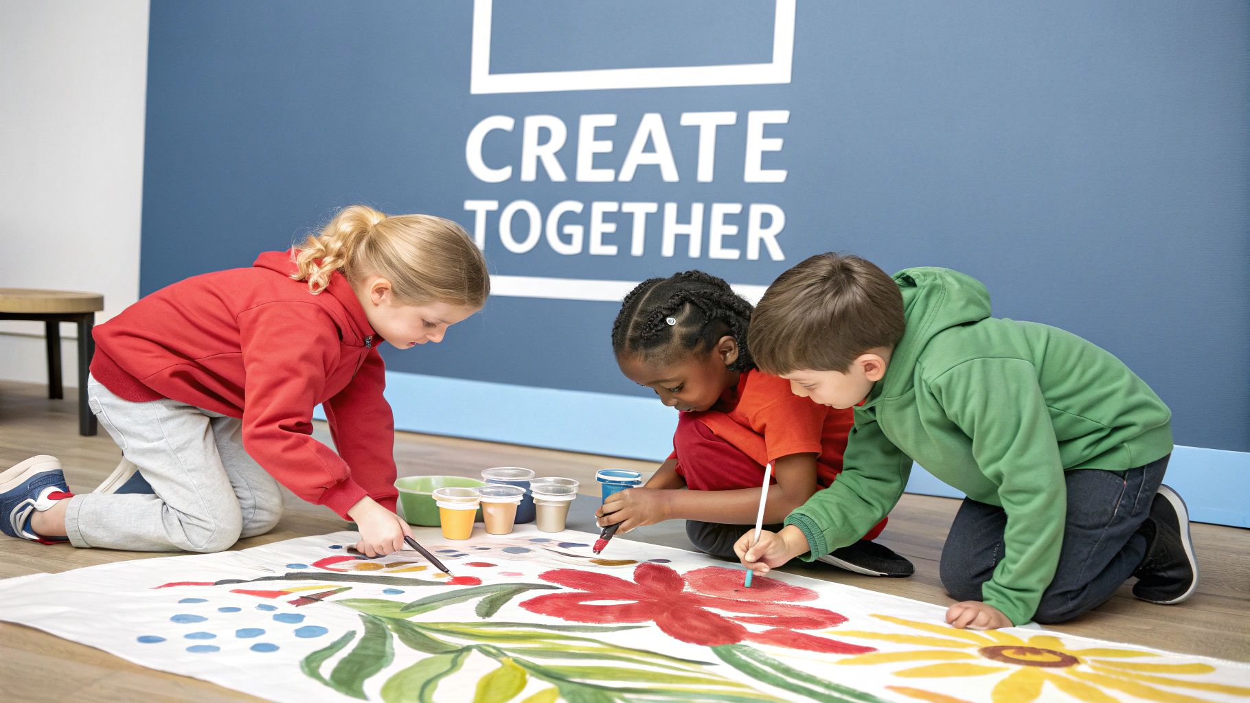 Three young children collaboratively paint a large floral mural on the floor in front of a "CREATE TOGETHER" sign.