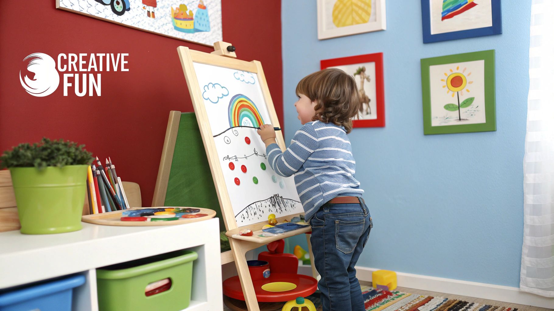 A parent and child playing together with colorful toys on the floor, creating a play-based learning environment at home.