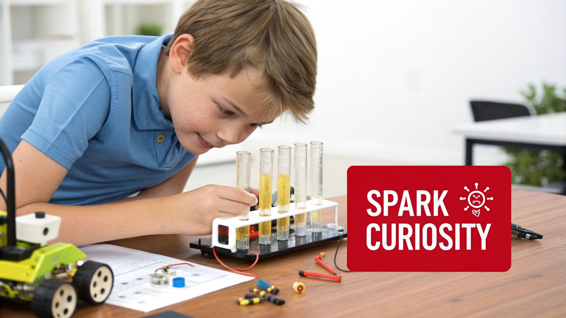 A child looking excitedly at a science experiment with colorful liquids in beakers.