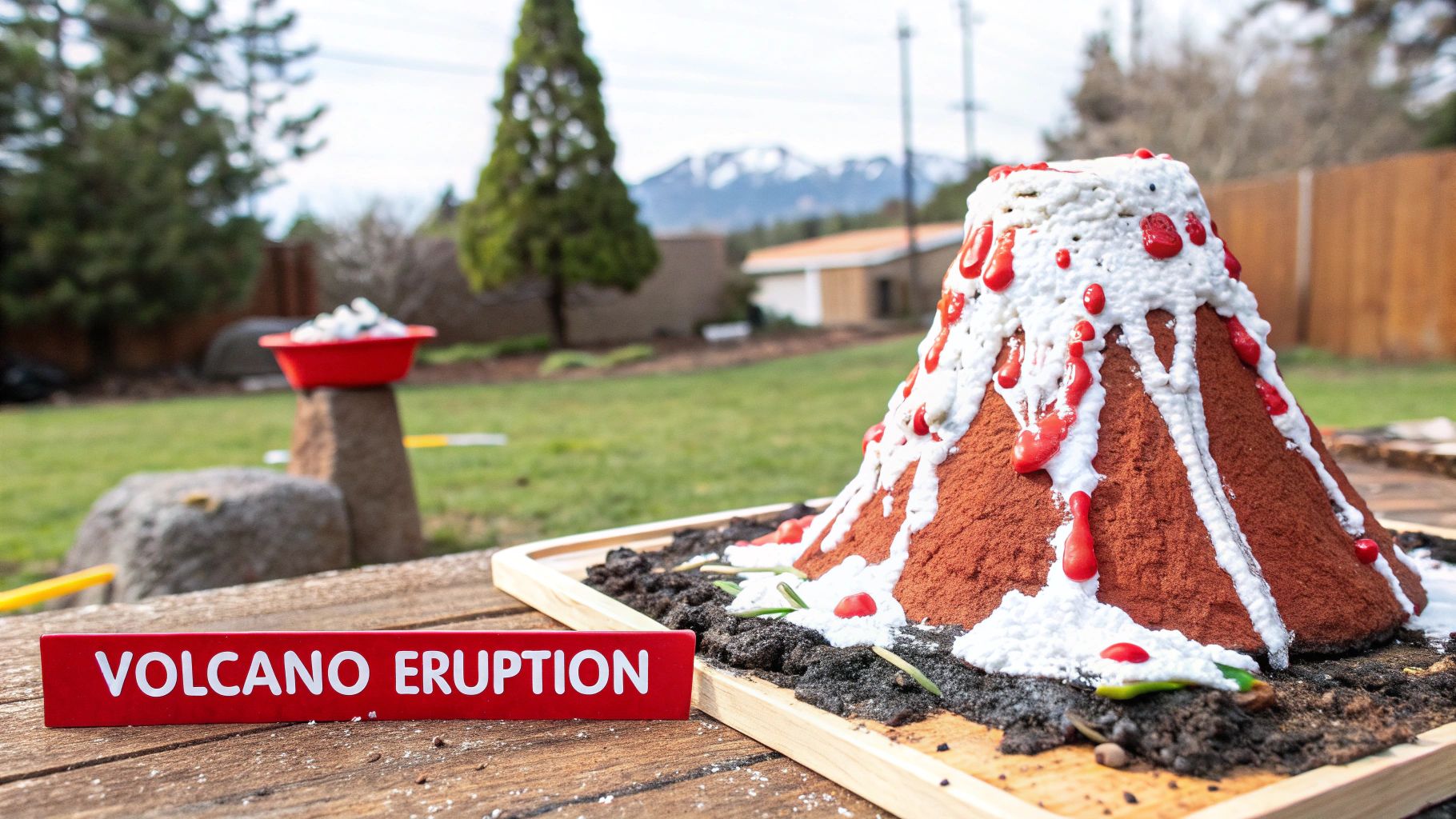 Baking soda and vinegar volcano experiment showing a fizzing eruption