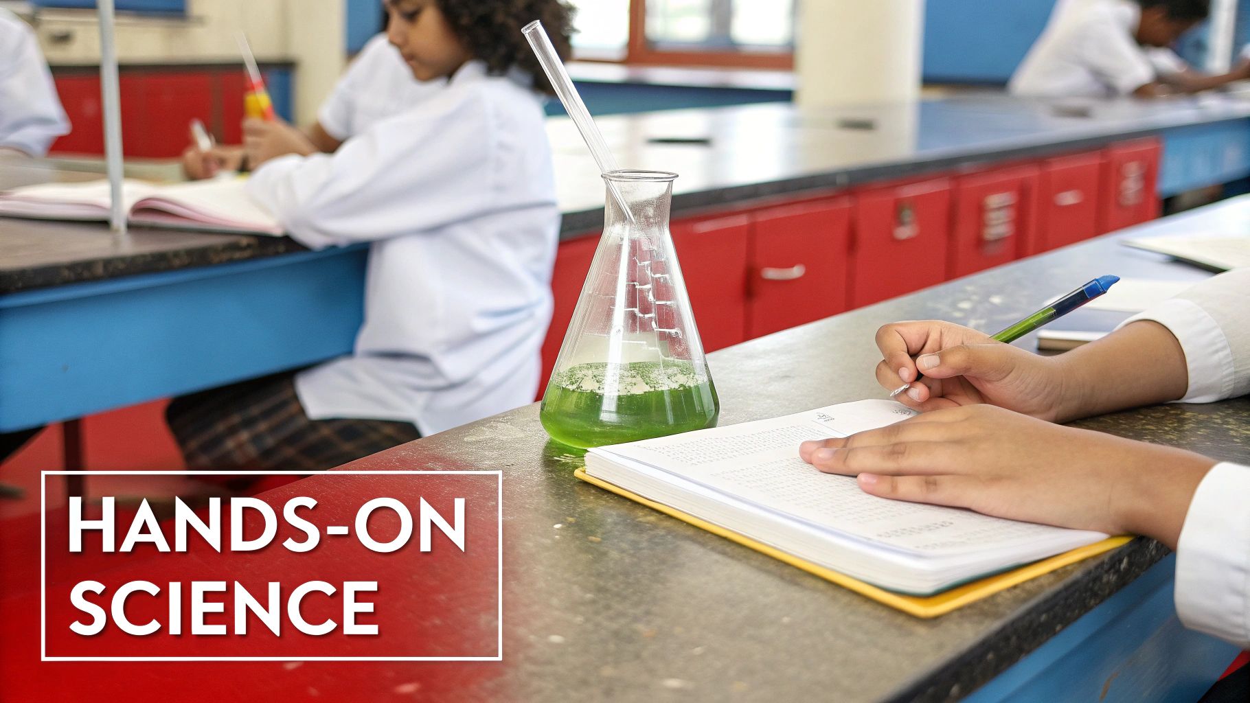 Students in lab coats conducting a hands-on science experiment, writing in notebooks with beakers.